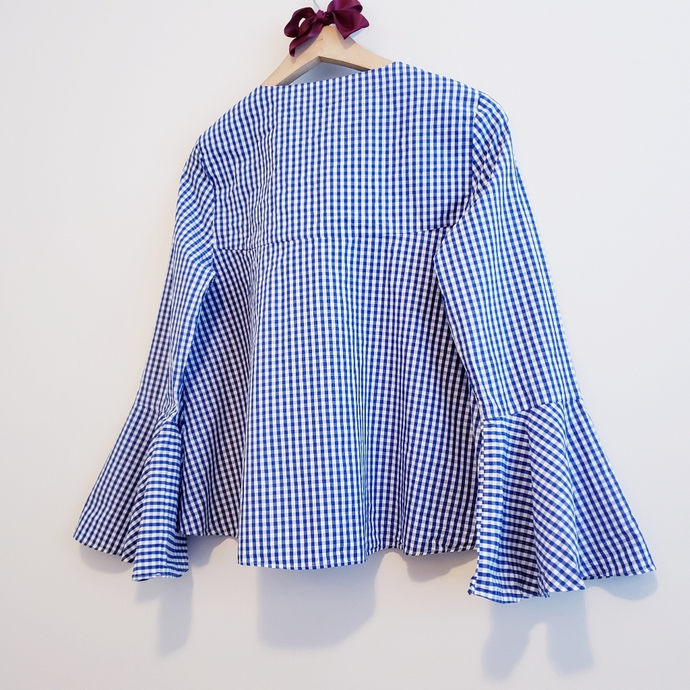 Lovely Zara Bell Sleeve Blue White Checkered Top Summer Spring V-neck Bohemian - Picture 3 of 7